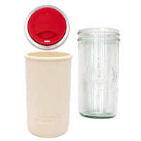 Pint and a half water bottle azure pint and a half sleeve greige wide mouth drinking lid cherry red product on white components