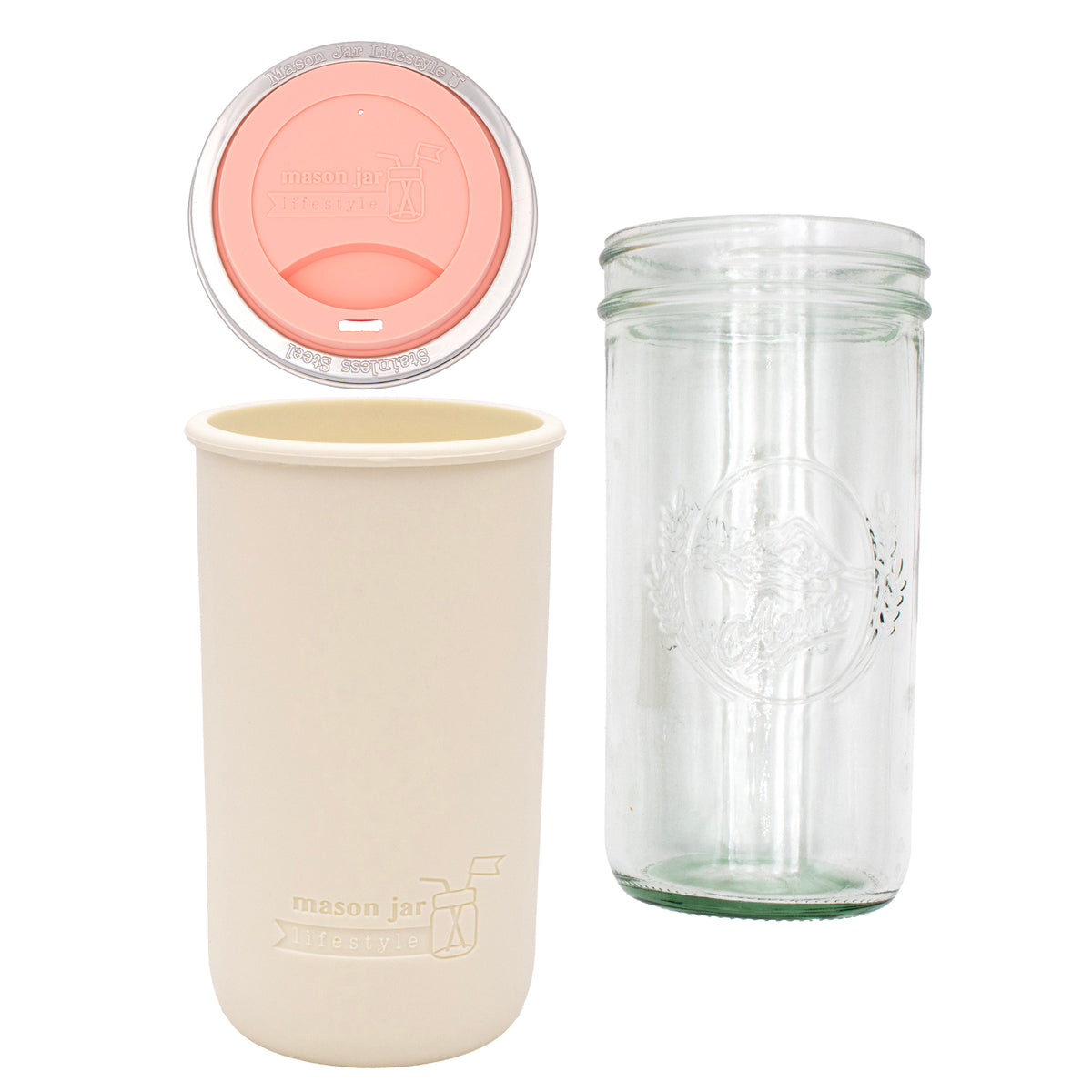 Pint and a half water bottle azure pint and a half sleeve greige wide mouth drinking lid coral pink product on white components