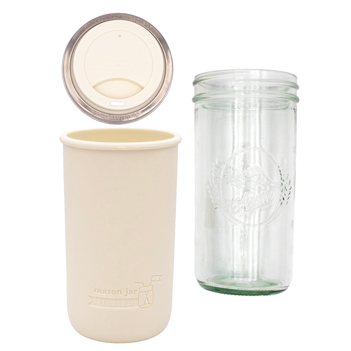 Pint and a half water bottle azure pint and a half sleeve greige wide mouth drinking lid greige product on white components