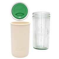 Pint and a half water bottle azure pint and a half sleeve greige wide mouth drinking lid leaf green product on white components