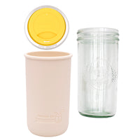 Pint and a half water bottle azure pint and a half sleeve greige wide mouth drinking lid lemon yellow product on white components