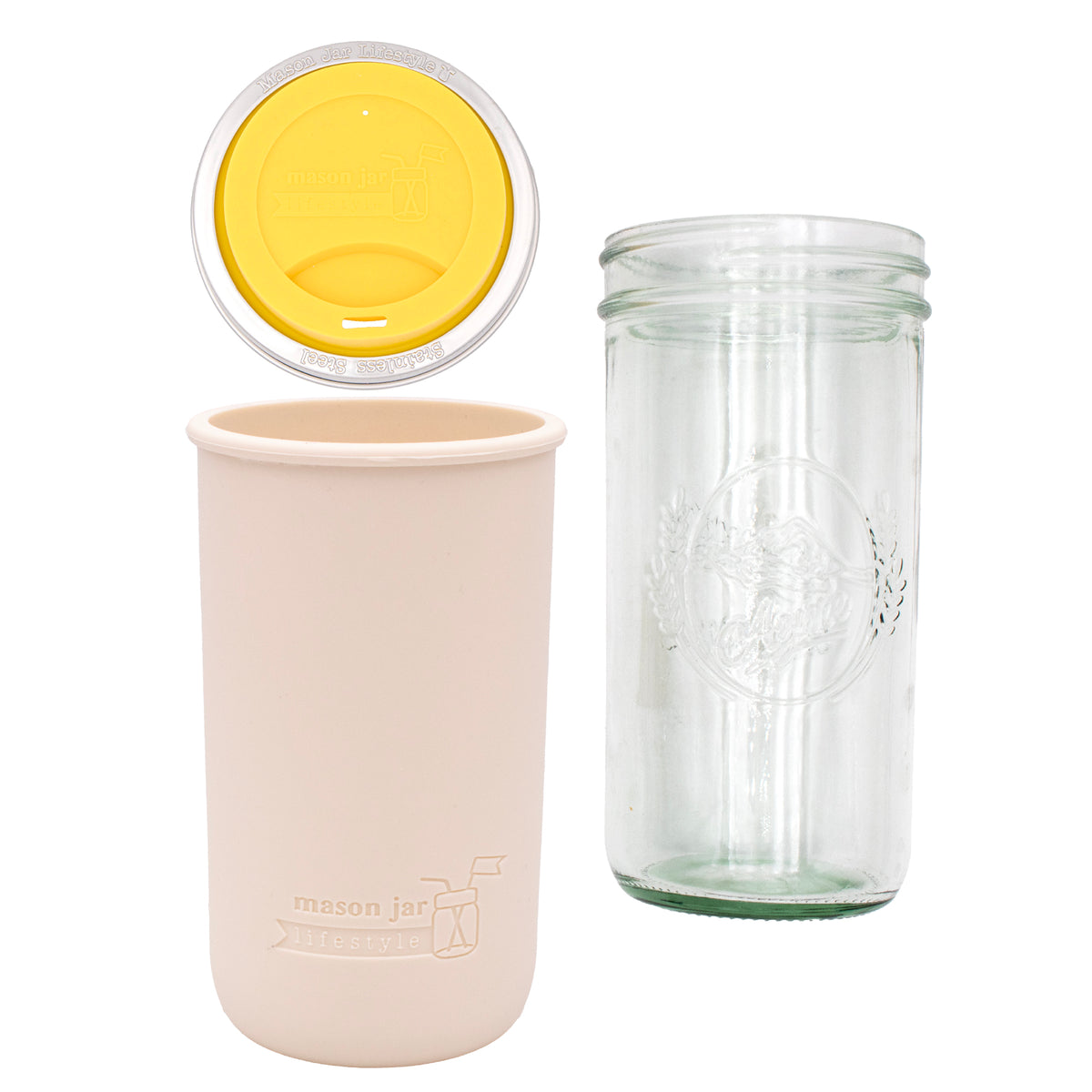 Pint and a half water bottle azure pint and a half sleeve greige wide mouth drinking lid lemon yellow product on white components