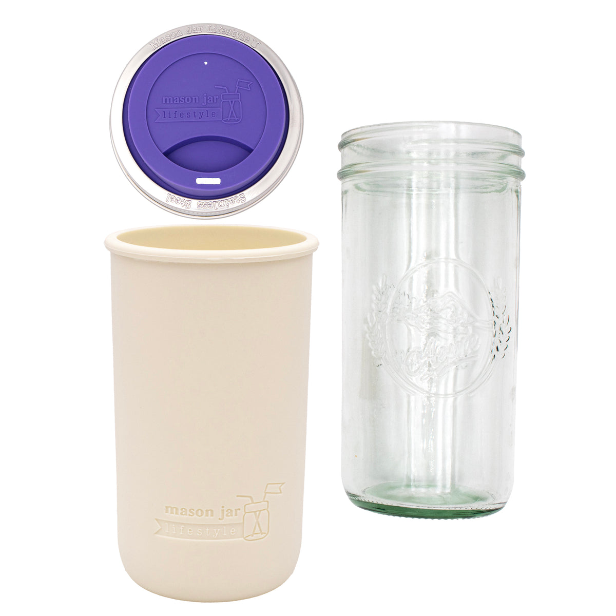 Pint and a half water bottle azure pint and a half sleeve greige wide mouth drinking lid ultra violet product on white components