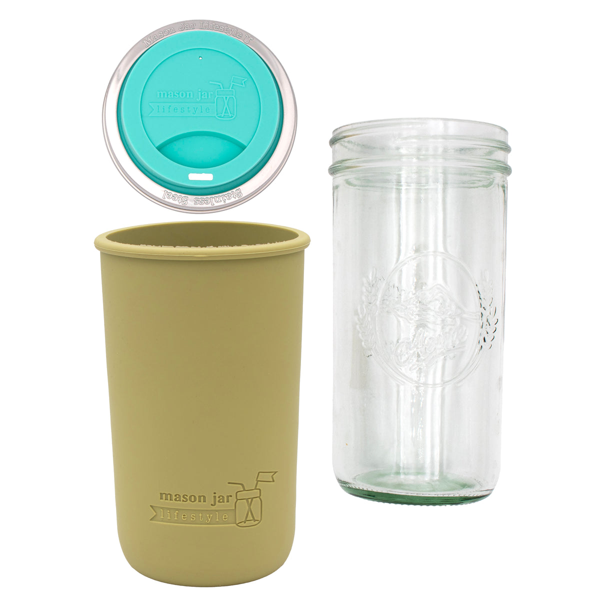 Pint and a half water bottle azure pint and a half sleeve light olive wide mouth drinking lid aquamarine product on white components