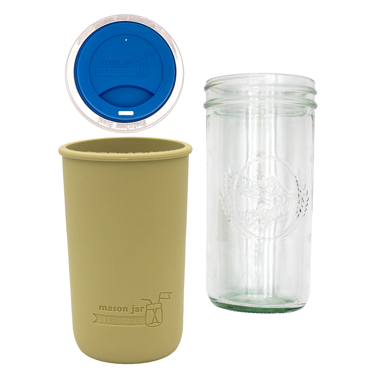 Pint and a half water bottle azure pint and a half sleeve light olive wide mouth drinking lid deep blue product on white components