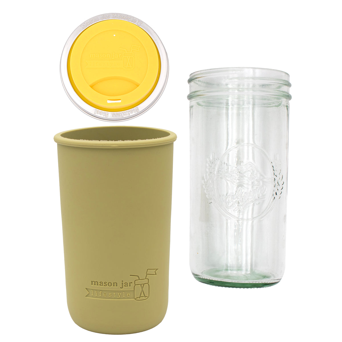 Pint and a half water bottle azure pint and a half sleeve light olive wide mouth drinking lid lemon yellow product on white components