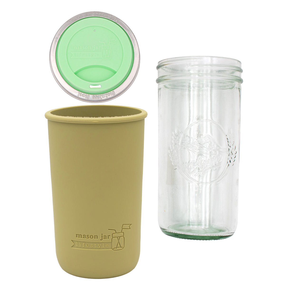 Mason Jar Lifestyle 24oz Pint & Half Glass Water Bottle Travel Tumbler with Silicone Sleeve & Drinking Lid (Neutrals)