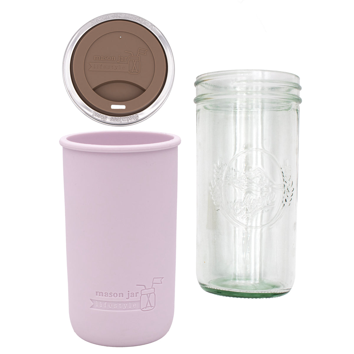 Pint and a half water bottle azure pint and a half sleeve light orchid wide mouth drinking lid cocoa brown product on white components