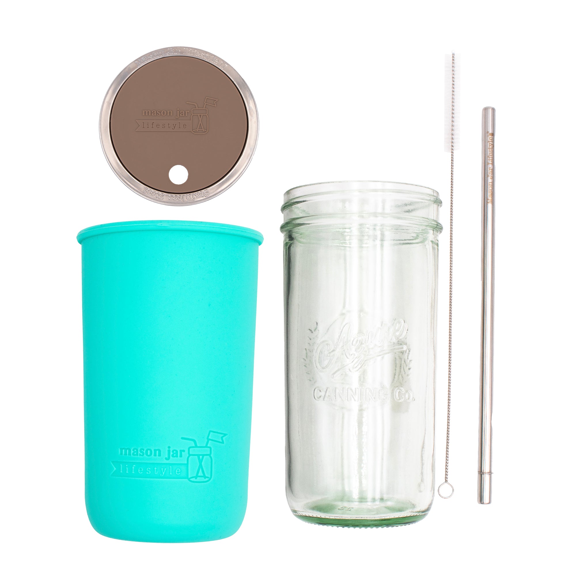 Pint and a half water bottle azure stainless steel straw cleaner pint and a half sleeve aquamarine wide mouth straw hole lid cocoa brown product on white