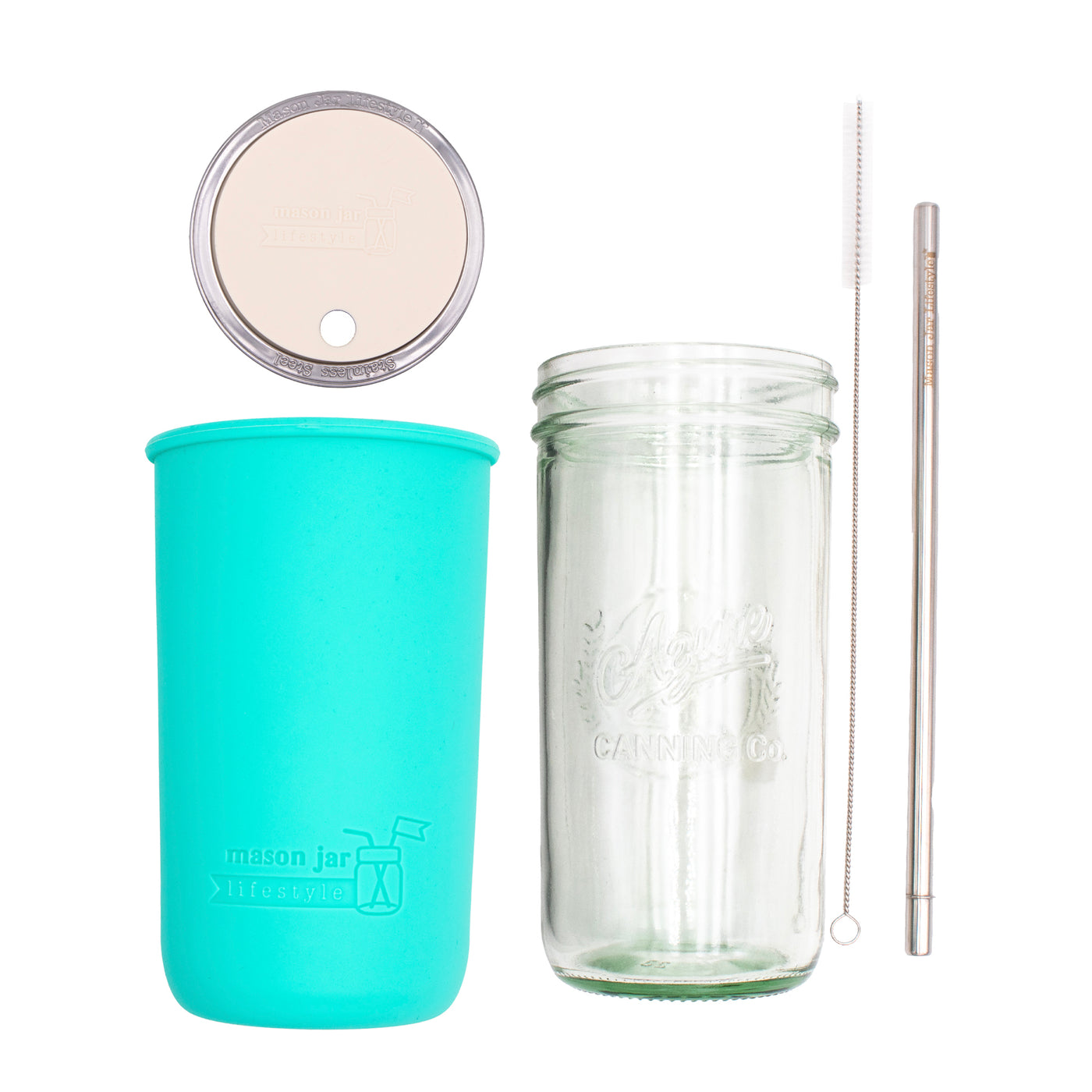 Pint and a half water bottle azure stainless steel straw cleaner pint and a half sleeve aquamarine wide mouth straw hole lid greige product on white components
