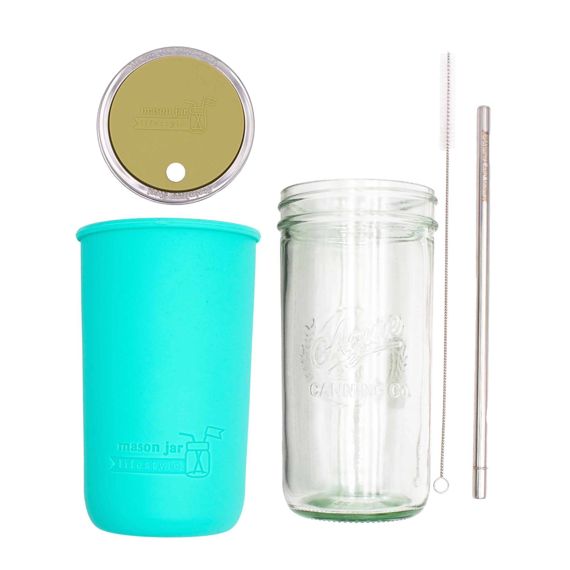 Pint and a half water bottle azure stainless steel straw cleaner pint and a half sleeve aquamarine wide mouth straw hole lid light olive product on white
