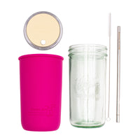 Pint and a half water bottle azure stainless steel straw cleaner pint and a half sleeve berry pink wide mouth straw hole lid butter yellow product on white
