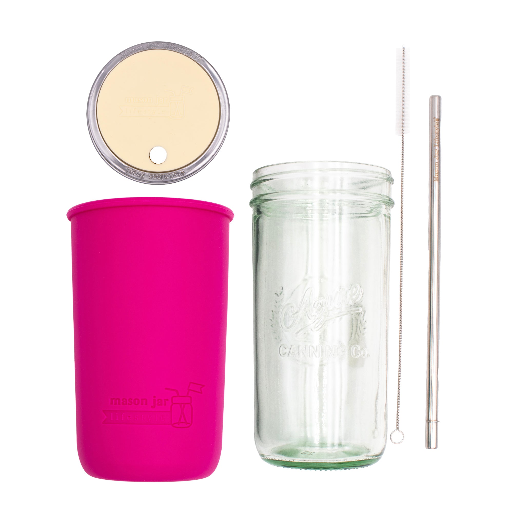 Pint and a half water bottle azure stainless steel straw cleaner pint and a half sleeve berry pink wide mouth straw hole lid butter yellow product on white