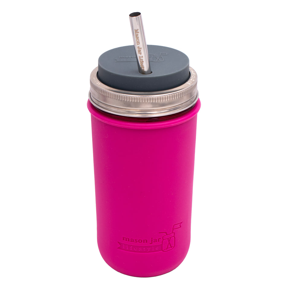 Pint and a half water bottle azure stainless steel straw cleaner pint and a half sleeve berry pink wide mouth straw hole lid charcoal gray product on white