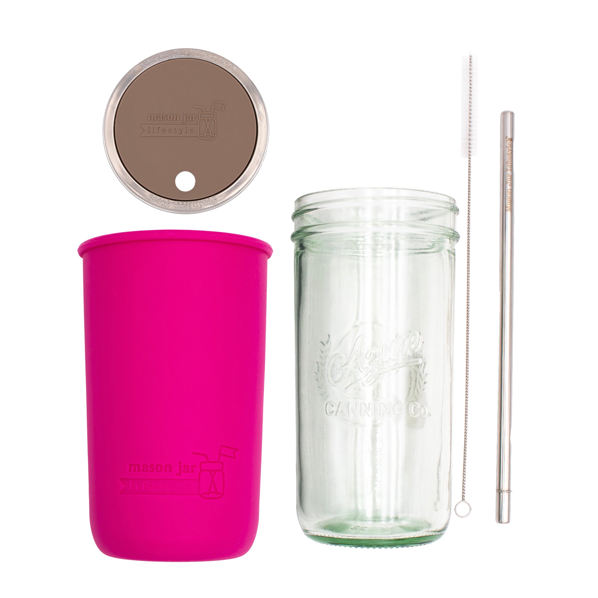 Pint and a half water bottle azure stainless steel straw cleaner pint and a half sleeve berry pink wide mouth straw hole lid cocoa brown product on white