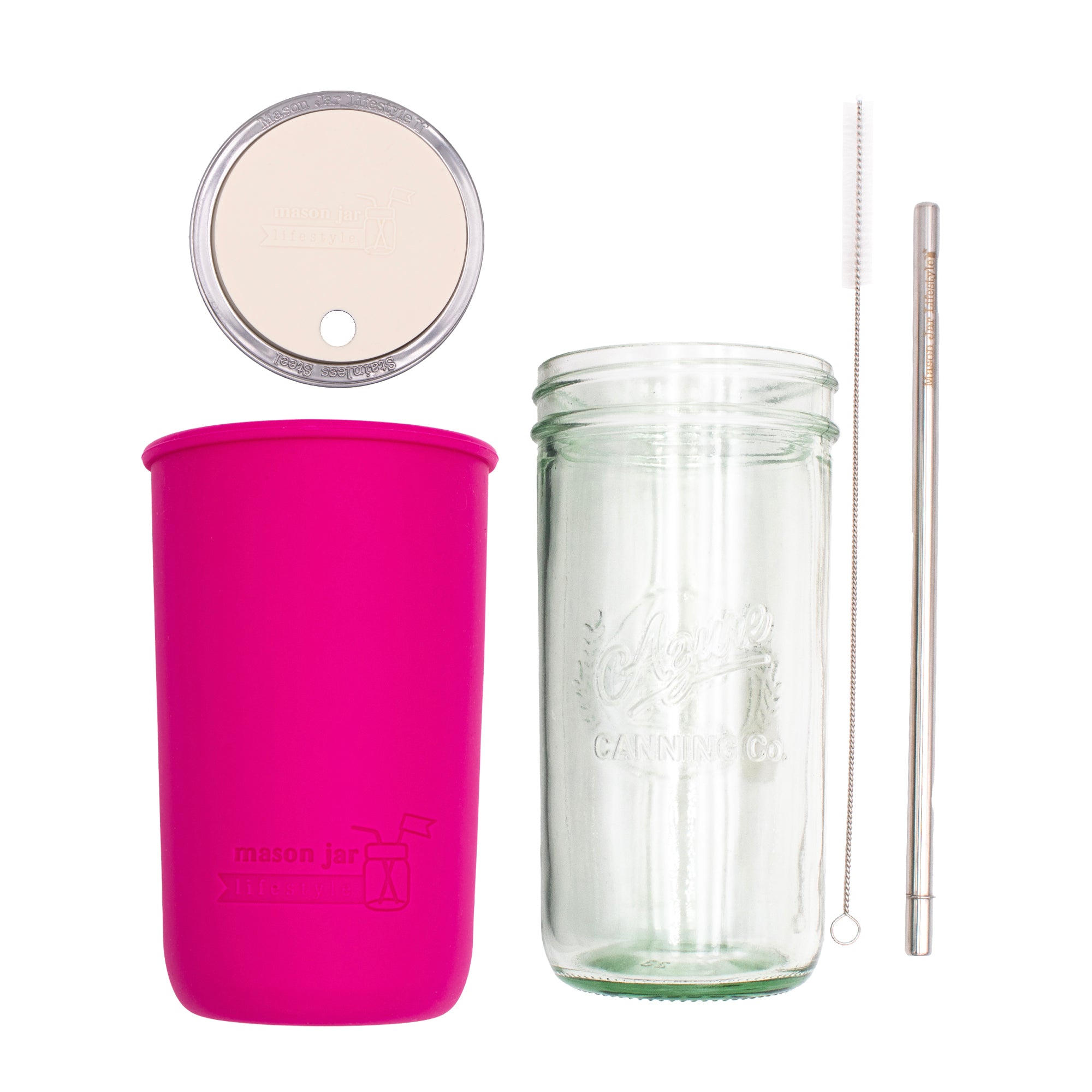 Pint and a half water bottle azure stainless steel straw cleaner pint and a half sleeve berry pink wide mouth straw hole lid greige product on white components