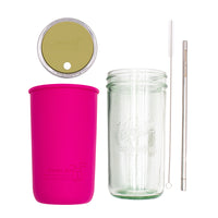 Pint and a half water bottle azure stainless steel straw cleaner pint and a half sleeve berry pink wide mouth straw hole lid light olive product on white