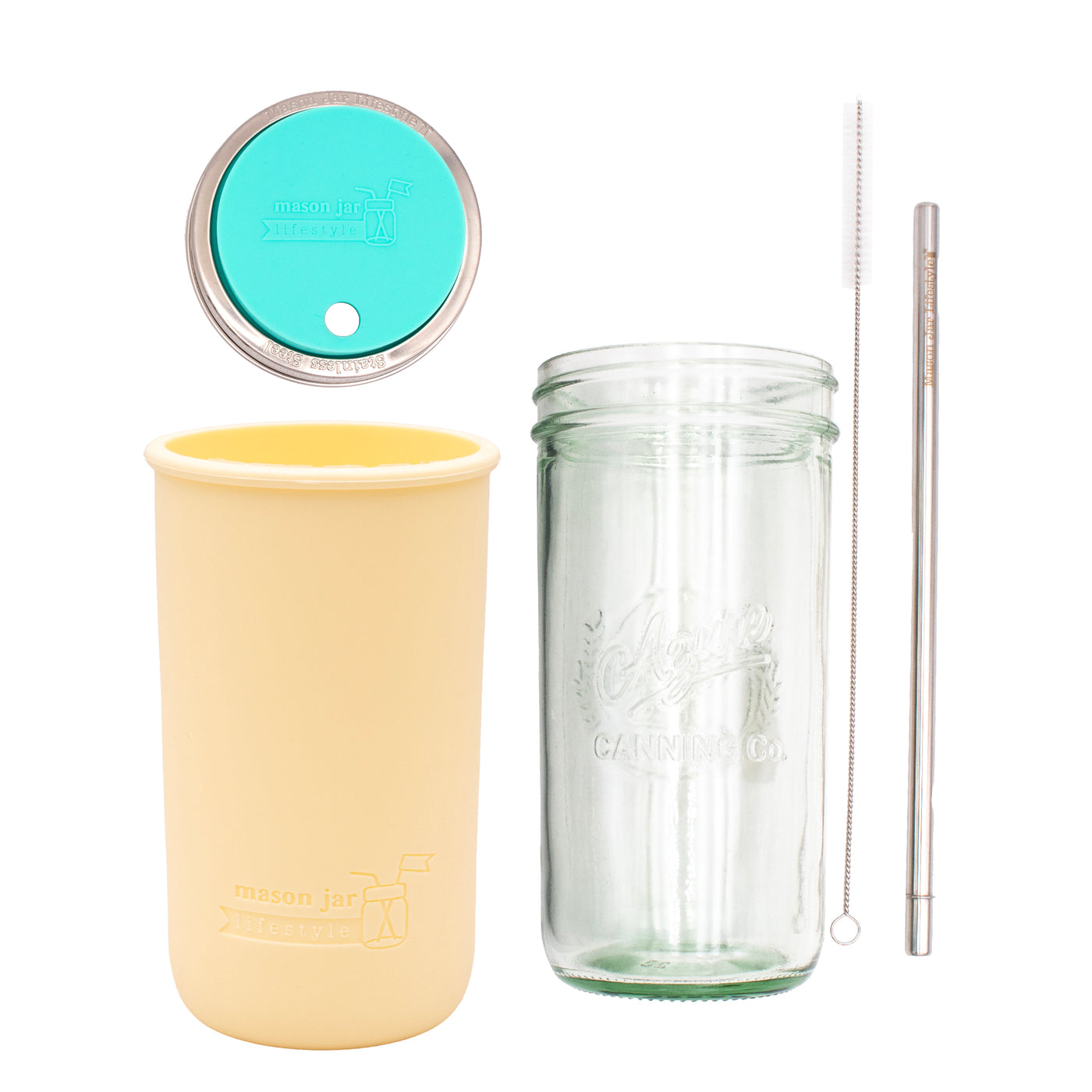 Pint and a half water bottle azure stainless steel straw cleaner pint and a half sleeve butter yellow wide mouth straw hole lid aquamarine product on white
