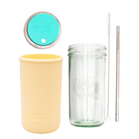 Pint and a half water bottle azure stainless steel straw cleaner pint and a half sleeve butter yellow wide mouth straw hole lid aquamarine product on white