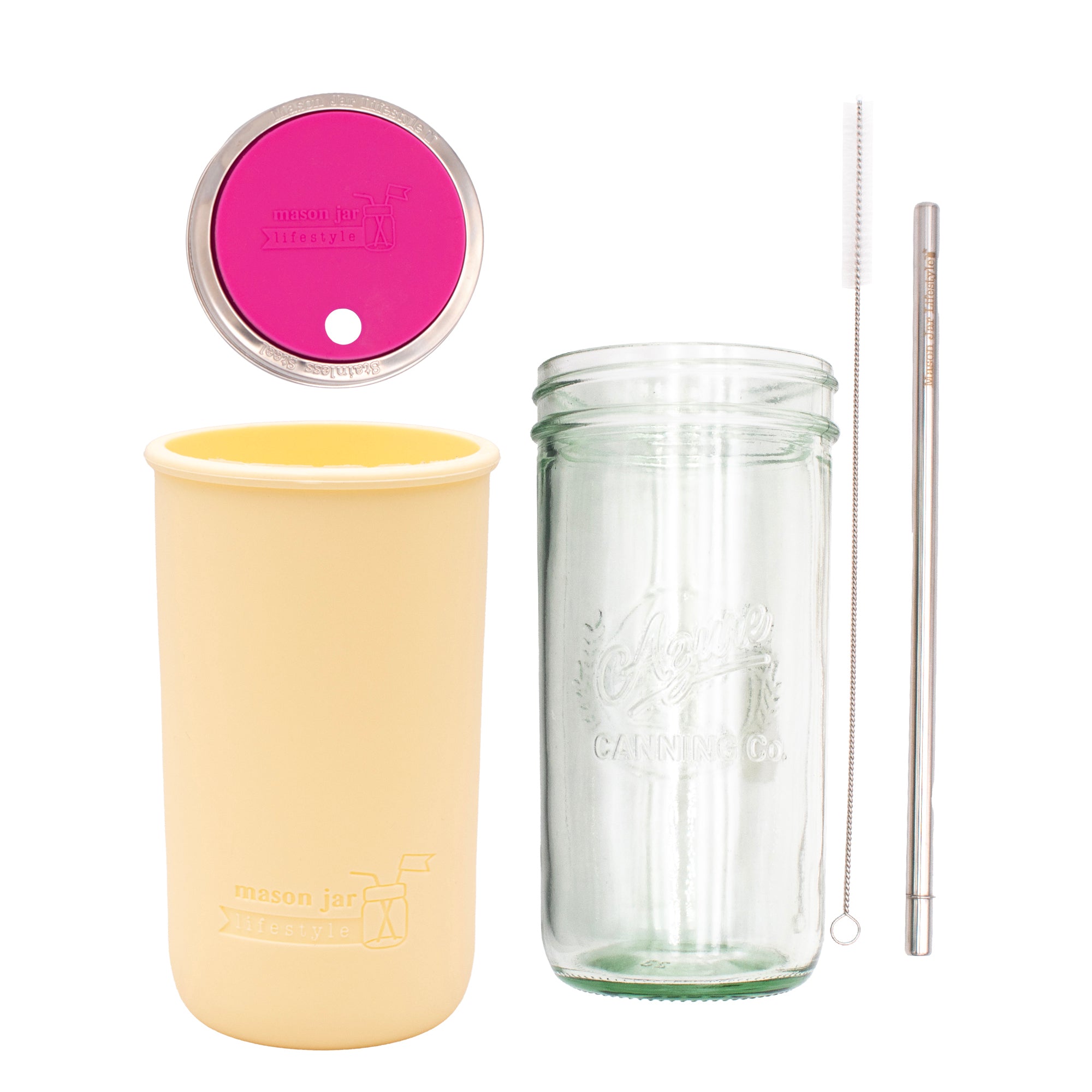 Pint and a half water bottle azure stainless steel straw cleaner pint and a half sleeve butter yellow wide mouth straw hole lid berry pink product on white