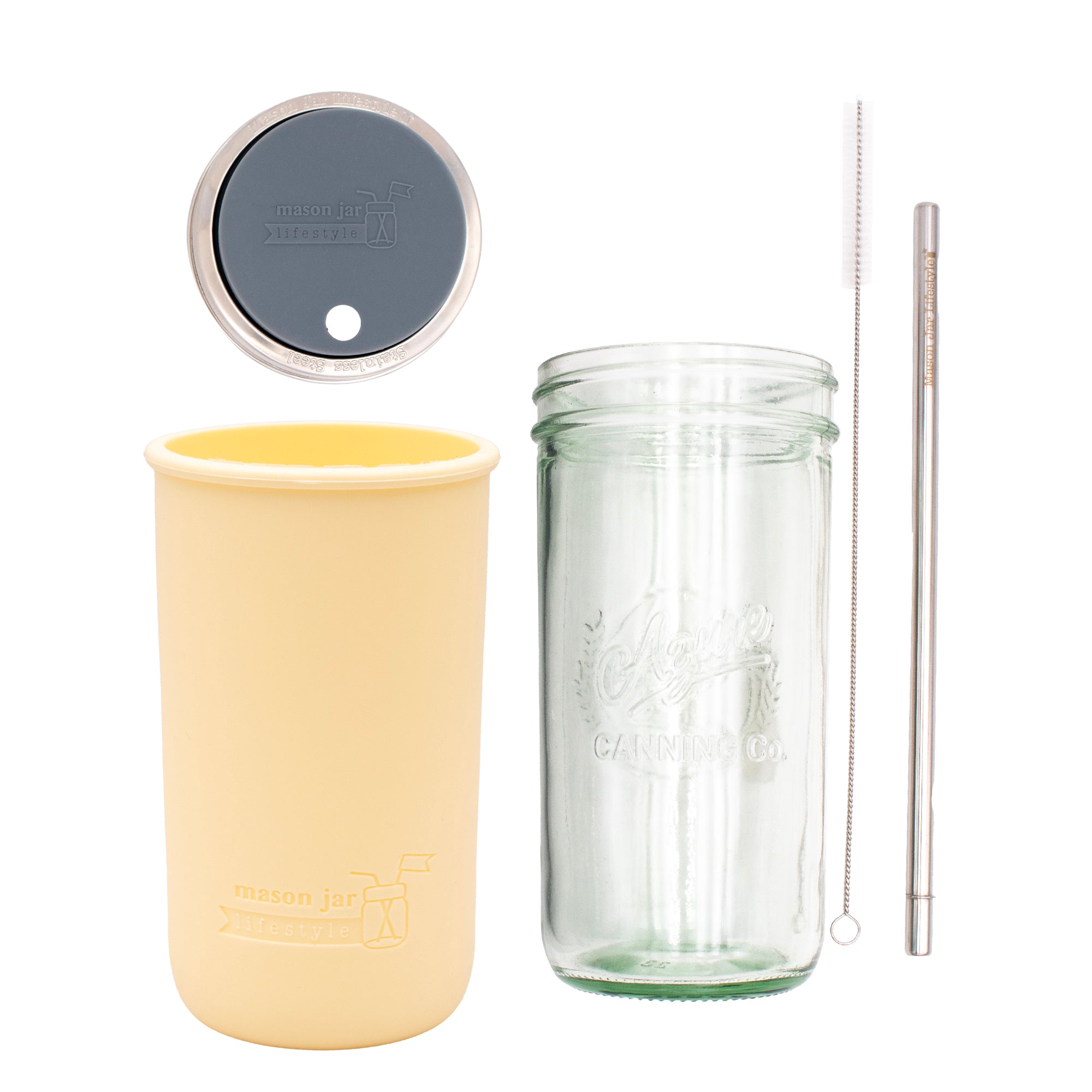 Pint and a half water bottle azure stainless steel straw cleaner pint and a half sleeve butter yellow wide mouth straw hole lid charcoal gray product on