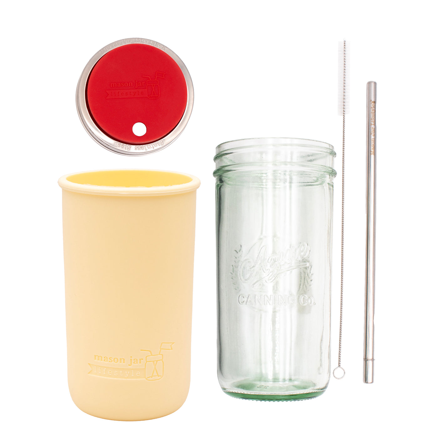 Pint and a half water bottle azure stainless steel straw cleaner pint and a half sleeve butter yellow wide mouth straw hole lid cherry red product on white