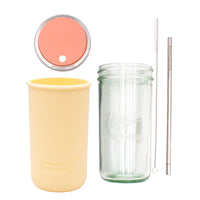 Pint and a half water bottle azure stainless steel straw cleaner pint and a half sleeve butter yellow wide mouth straw hole lid coral pink product on white