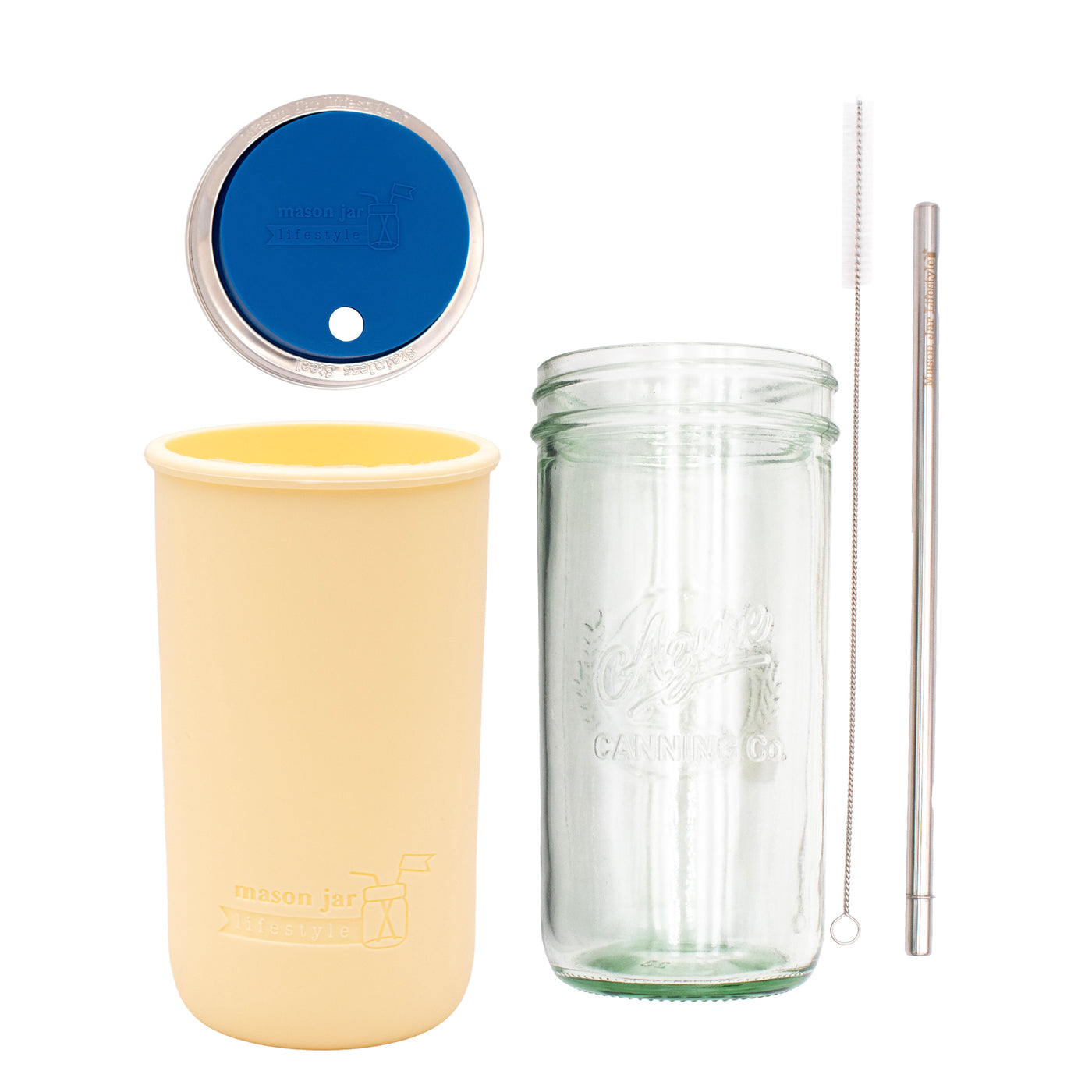 Pint and a half water bottle azure stainless steel straw cleaner pint and a half sleeve butter yellow wide mouth straw hole lid deep blue product on white