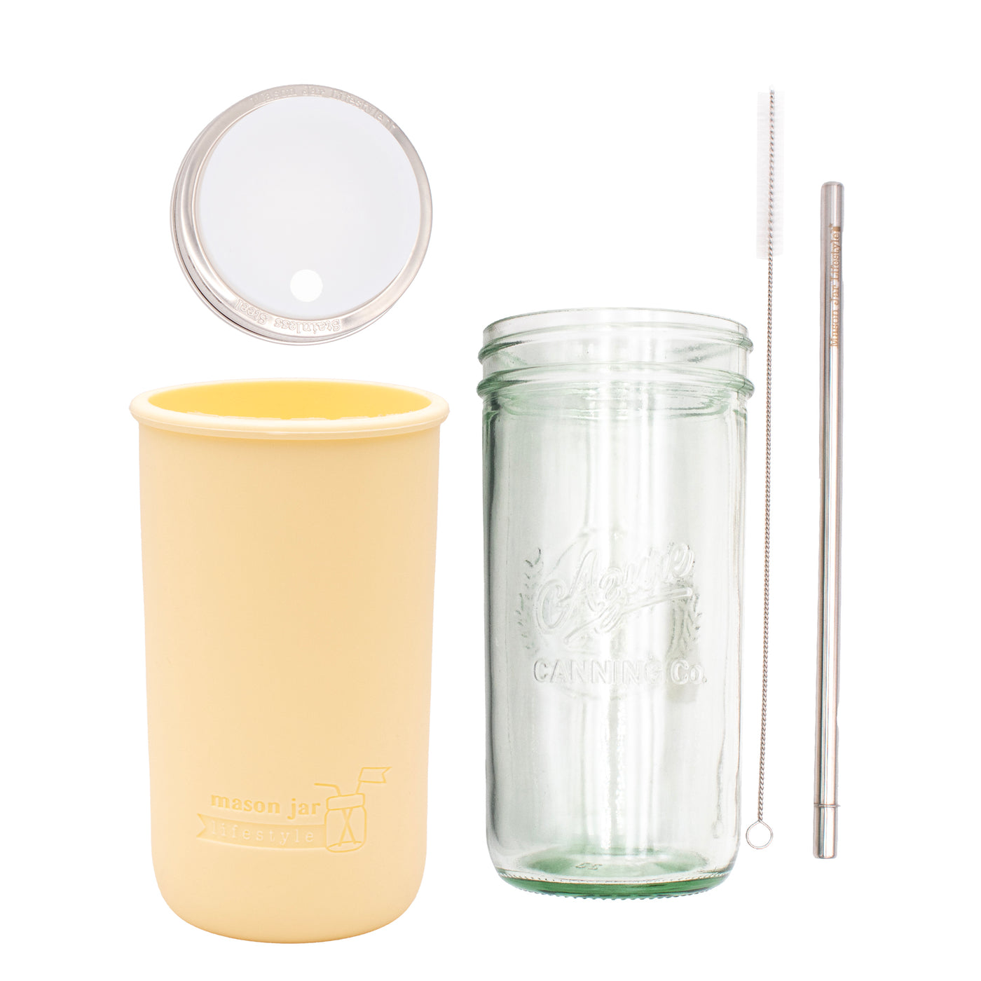 Pint and a half water bottle azure stainless steel straw cleaner pint and a half sleeve butter yellow wide mouth straw hole lid frost product on white