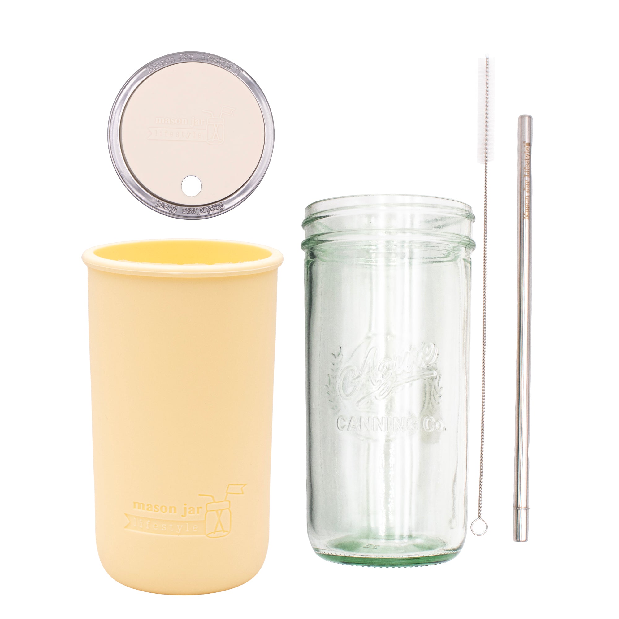 Pint and a half water bottle azure stainless steel straw cleaner pint and a half sleeve butter yellow wide mouth straw hole lid greige product on white