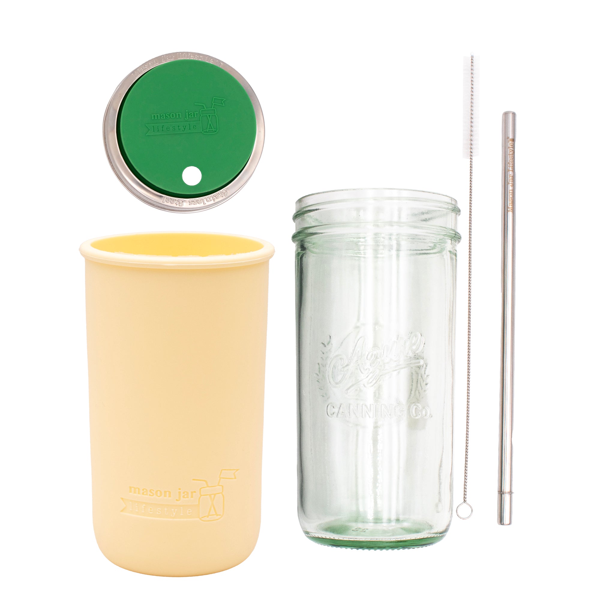 Pint and a half water bottle azure stainless steel straw cleaner pint and a half sleeve butter yellow wide mouth straw hole lid leaf green product on white