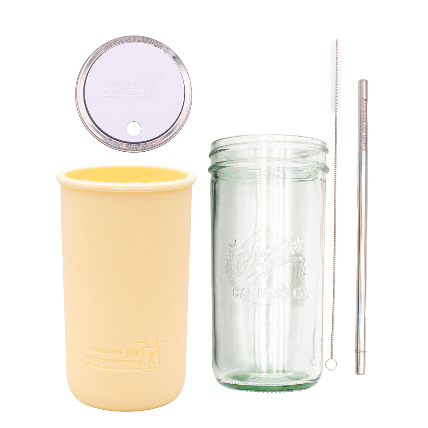 Pint and a half water bottle azure stainless steel straw cleaner pint and a half sleeve butter yellow wide mouth straw hole lid light orchid product on