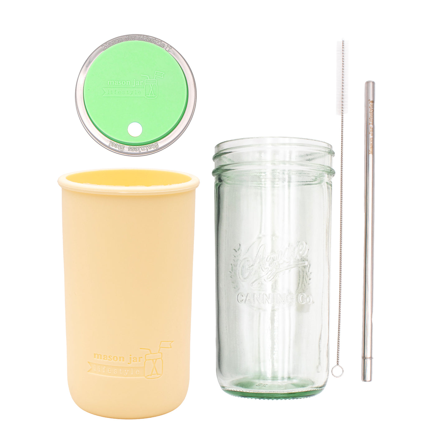 Pint and a half water bottle azure stainless steel straw cleaner pint and a half sleeve butter yellow wide mouth straw hole lid mint green product on white