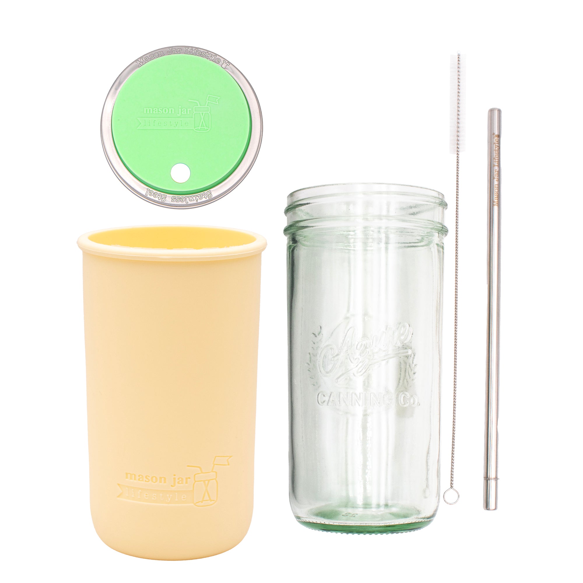 Pint and a half water bottle azure stainless steel straw cleaner pint and a half sleeve butter yellow wide mouth straw hole lid mint green product on white