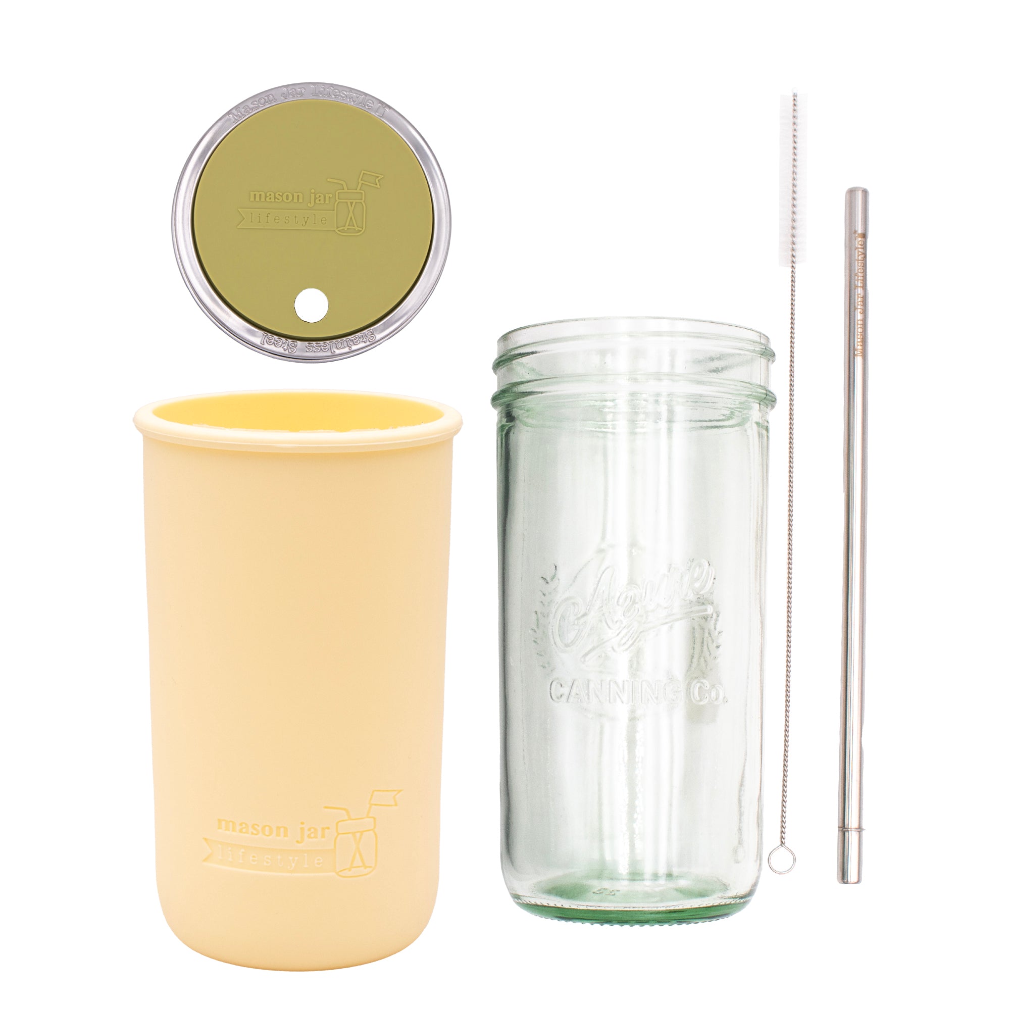 Pint and a half water bottle azure stainless steel straw cleaner pint and a half sleeve butter yellow wide mouth straw hole lid olive green product on white