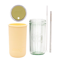 Pint and a half water bottle azure stainless steel straw cleaner pint and a half sleeve butter yellow wide mouth straw hole lid olive green product on white