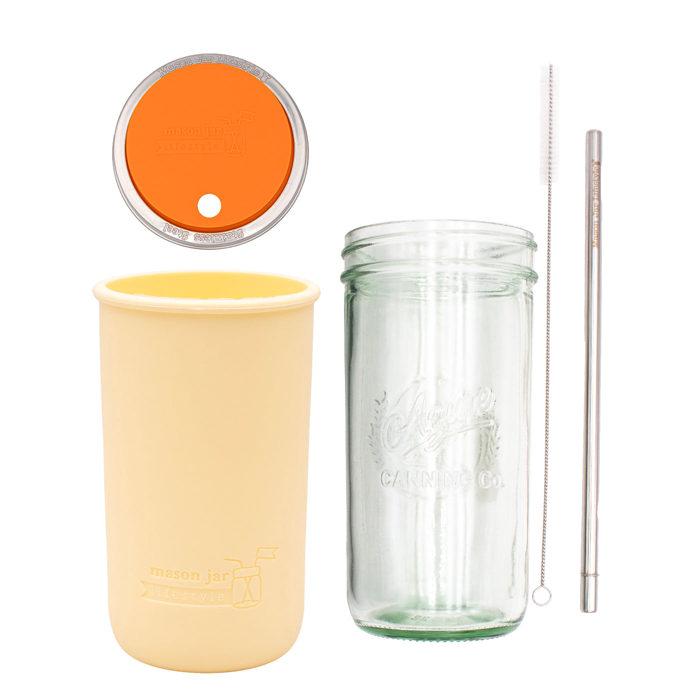 Pint and a half water bottle azure stainless steel straw cleaner pint and a half sleeve butter yellow wide mouth straw hole lid tangerine product on white