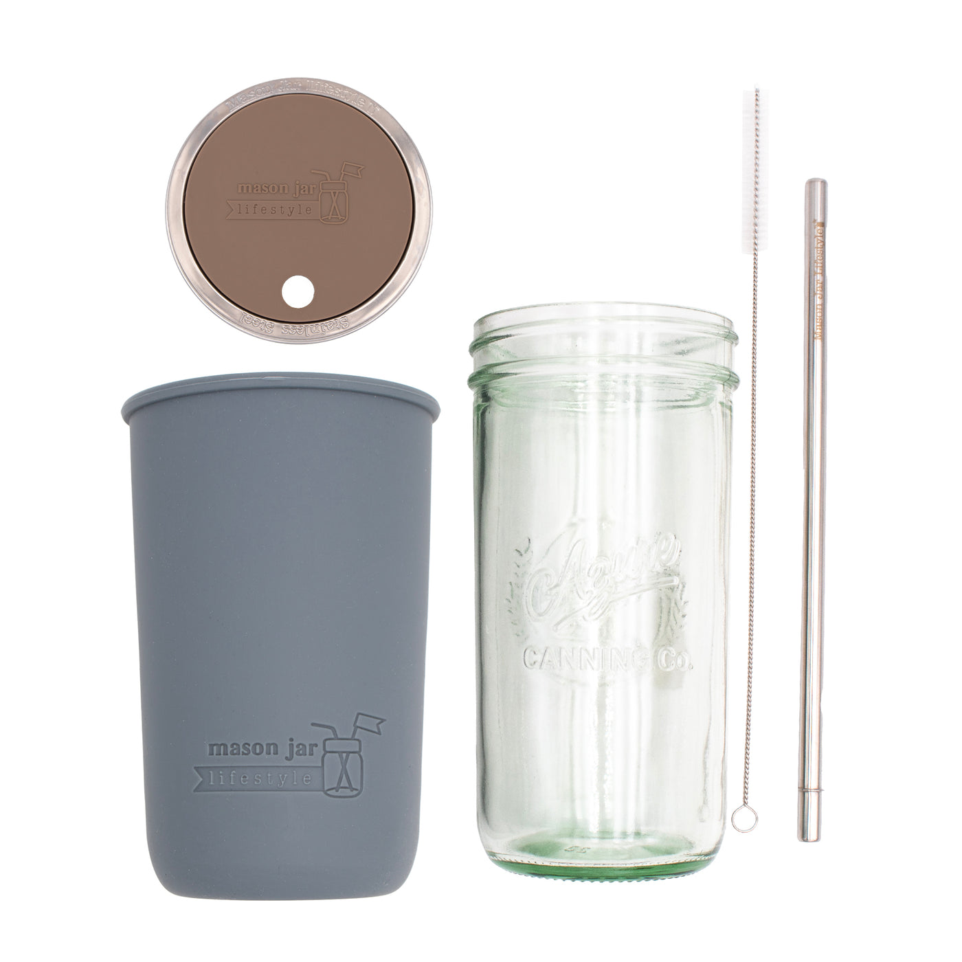 Pint and a half water bottle azure stainless steel straw cleaner pint and a half sleeve charcoal gray wide mouth straw hole lid cocoa brown product on white