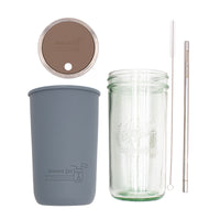 Pint and a half water bottle azure stainless steel straw cleaner pint and a half sleeve charcoal gray wide mouth straw hole lid cocoa brown product on white