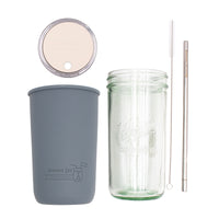 Pint and a half water bottle azure stainless steel straw cleaner pint and a half sleeve charcoal gray wide mouth straw hole lid greige product on white