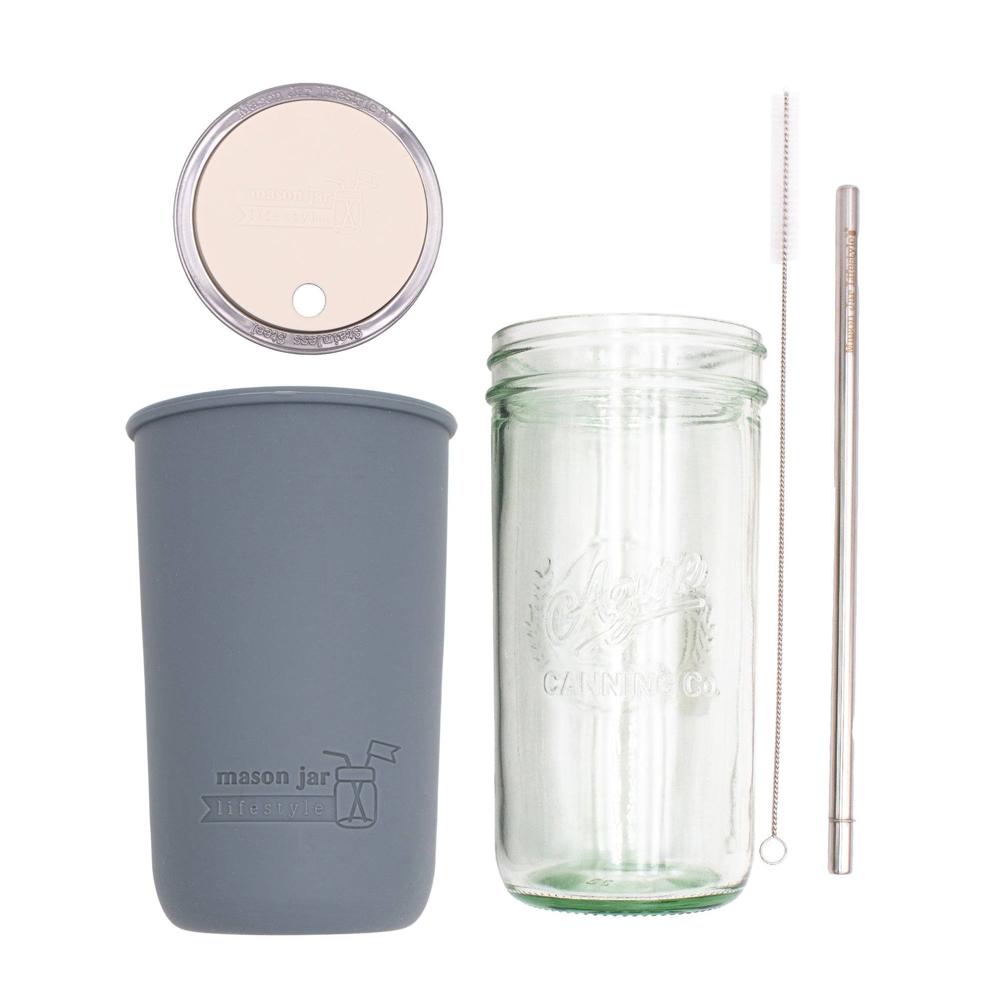 Pint and a half water bottle azure stainless steel straw cleaner pint and a half sleeve charcoal gray wide mouth straw hole lid greige product on white