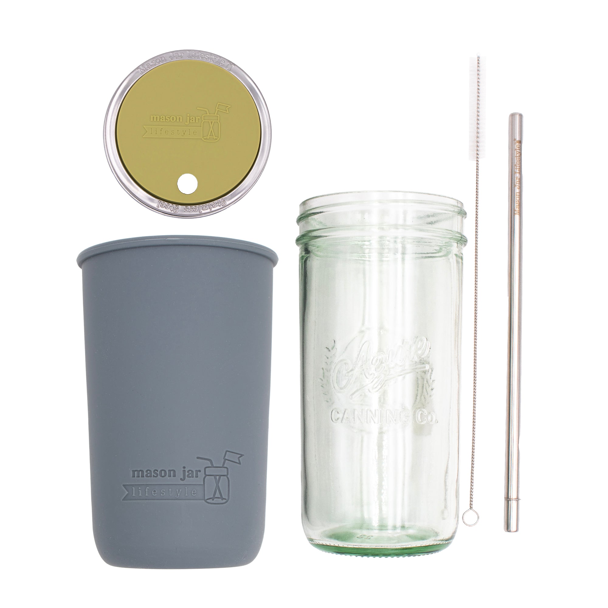 Pint and a half water bottle azure stainless steel straw cleaner pint and a half sleeve charcoal gray wide mouth straw hole lid light olive product on white