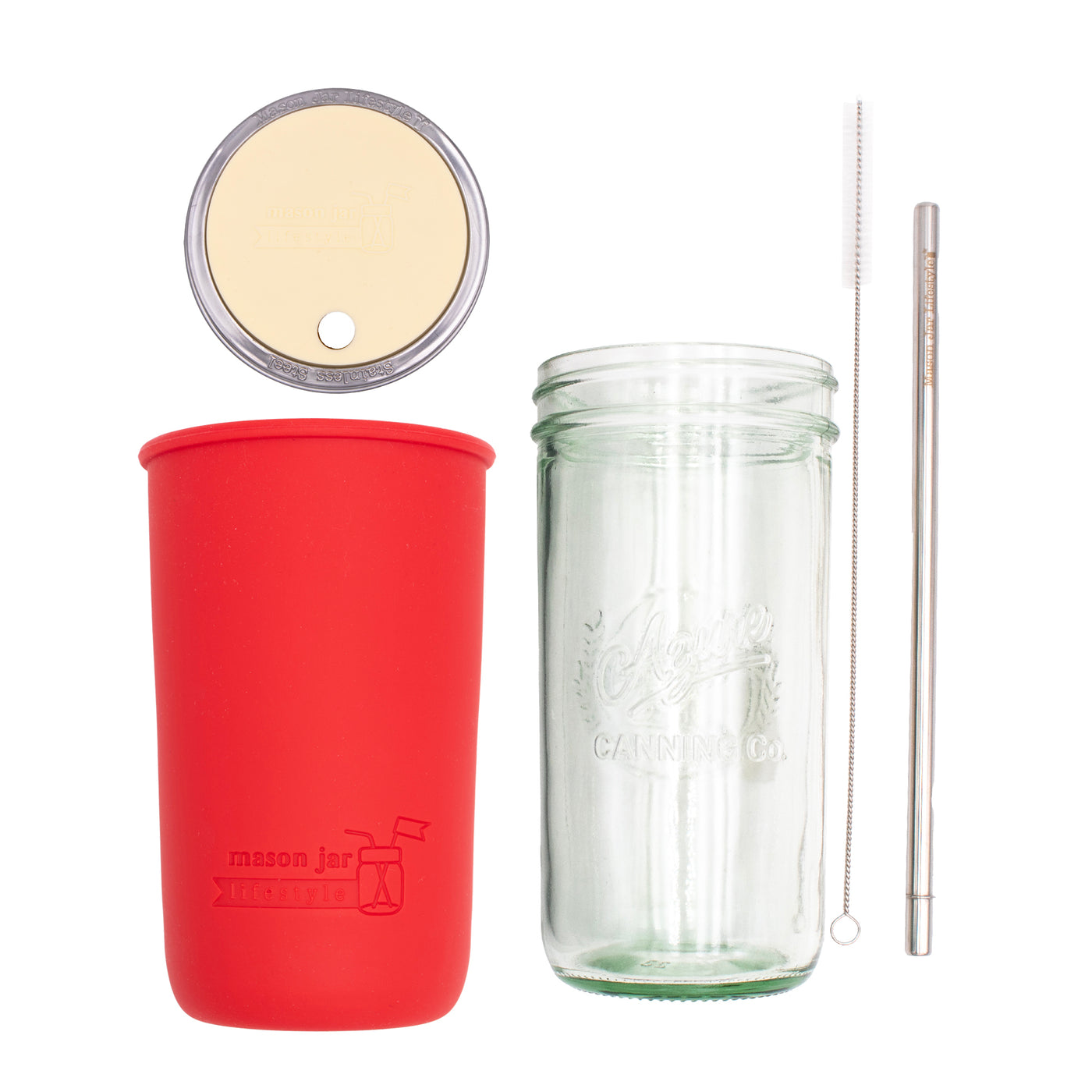 Pint and a half water bottle azure stainless steel straw cleaner pint and a half sleeve cherry red wide mouth straw hole lid butter yellow product on white