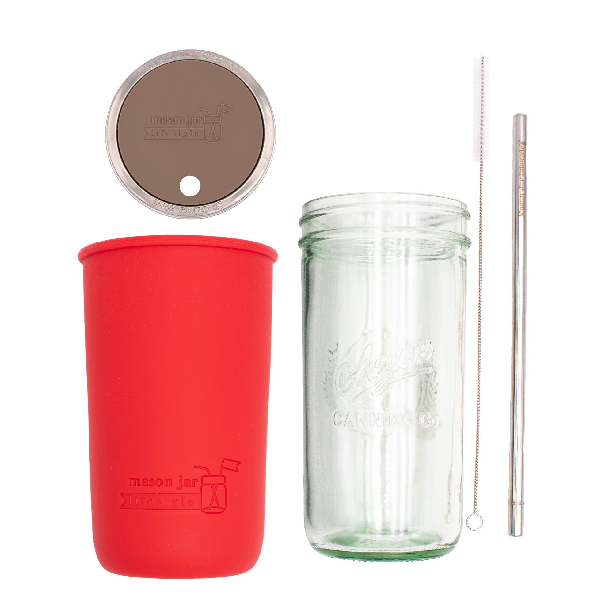 Pint and a half water bottle azure stainless steel straw cleaner pint and a half sleeve cherry red wide mouth straw hole lid cocoa brown product on white