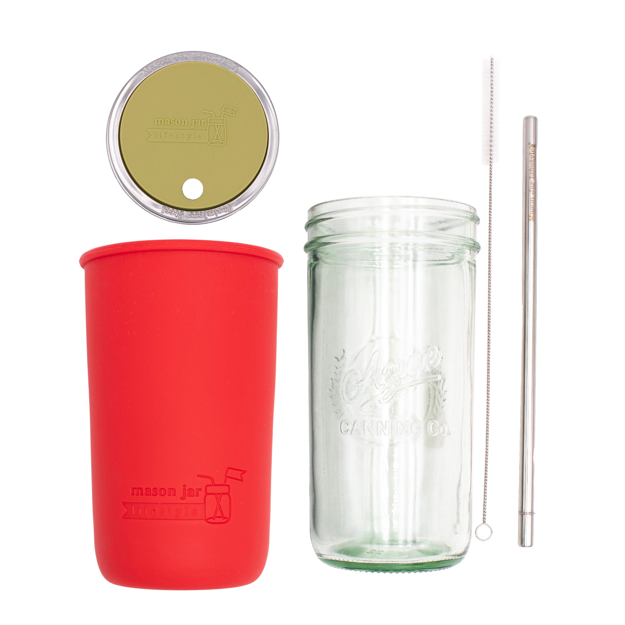 Pint and a half water bottle azure stainless steel straw cleaner pint and a half sleeve cherry red wide mouth straw hole lid light olive product on white