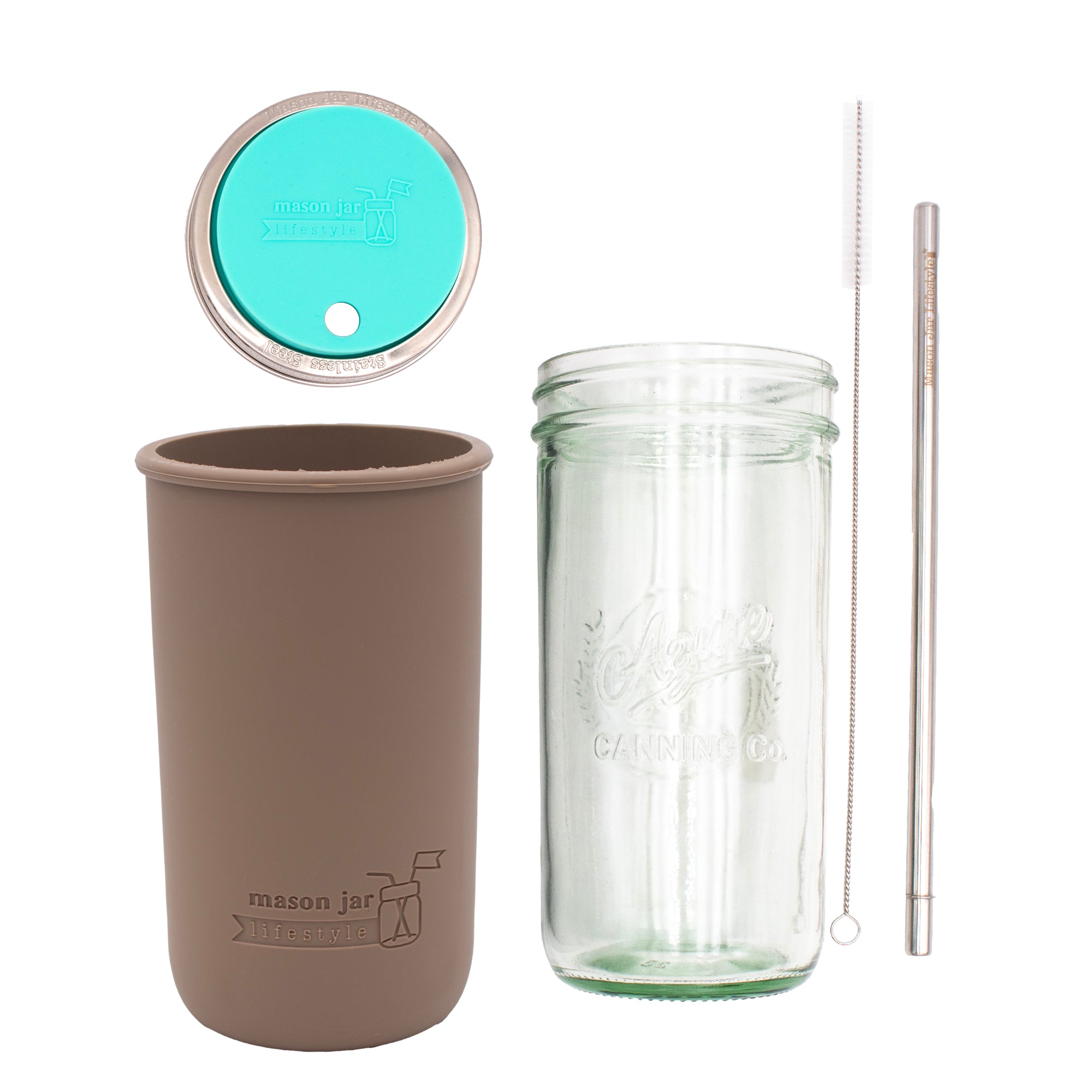 Pint and a half water bottle azure stainless steel straw cleaner pint and a half sleeve cocoa brown wide mouth straw hole lid aquamarine product on white