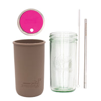 Pint and a half water bottle azure stainless steel straw cleaner pint and a half sleeve cocoa brown wide mouth straw hole lid berry pink product on white