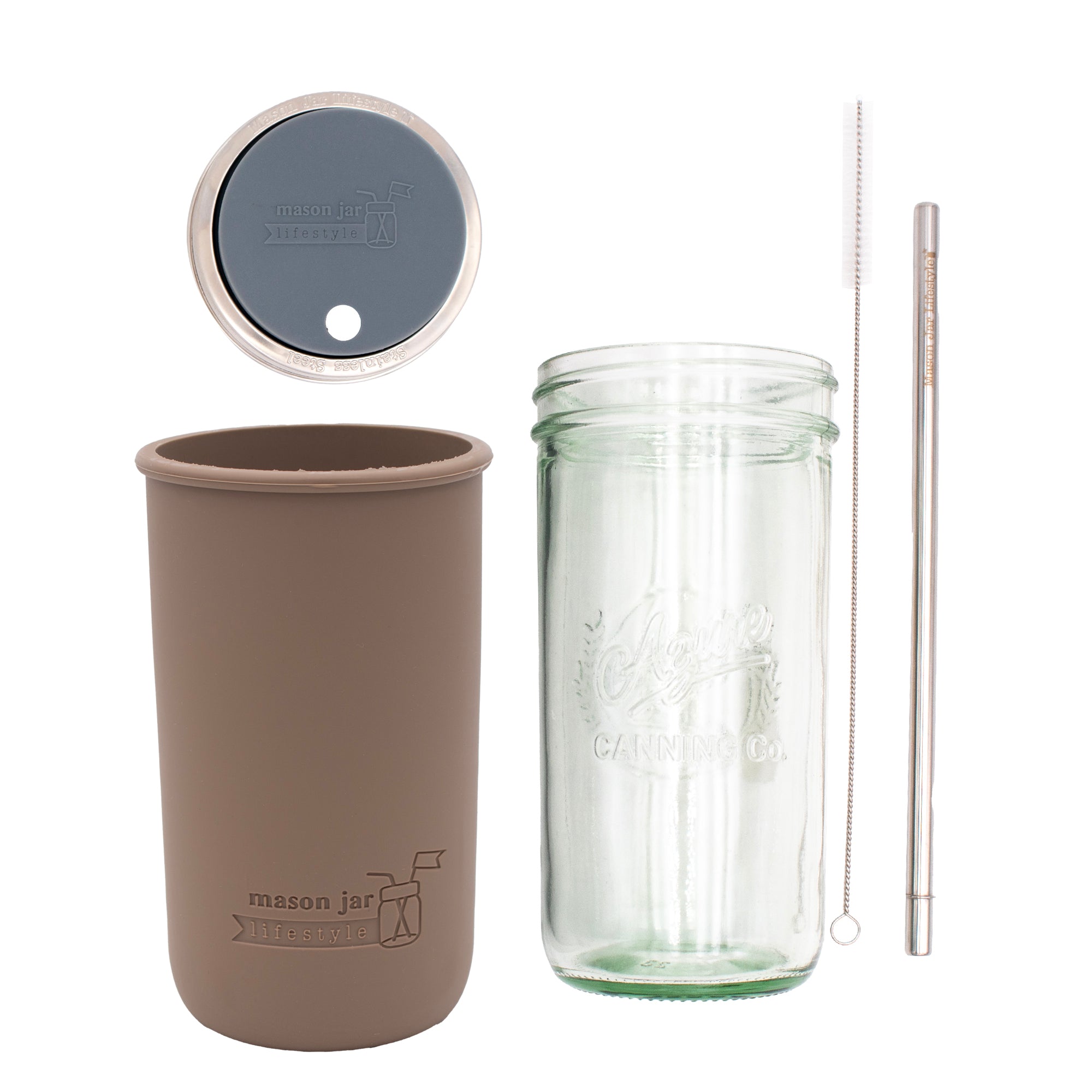 Pint and a half water bottle azure stainless steel straw cleaner pint and a half sleeve cocoa brown wide mouth straw hole lid charcoal gray product on white