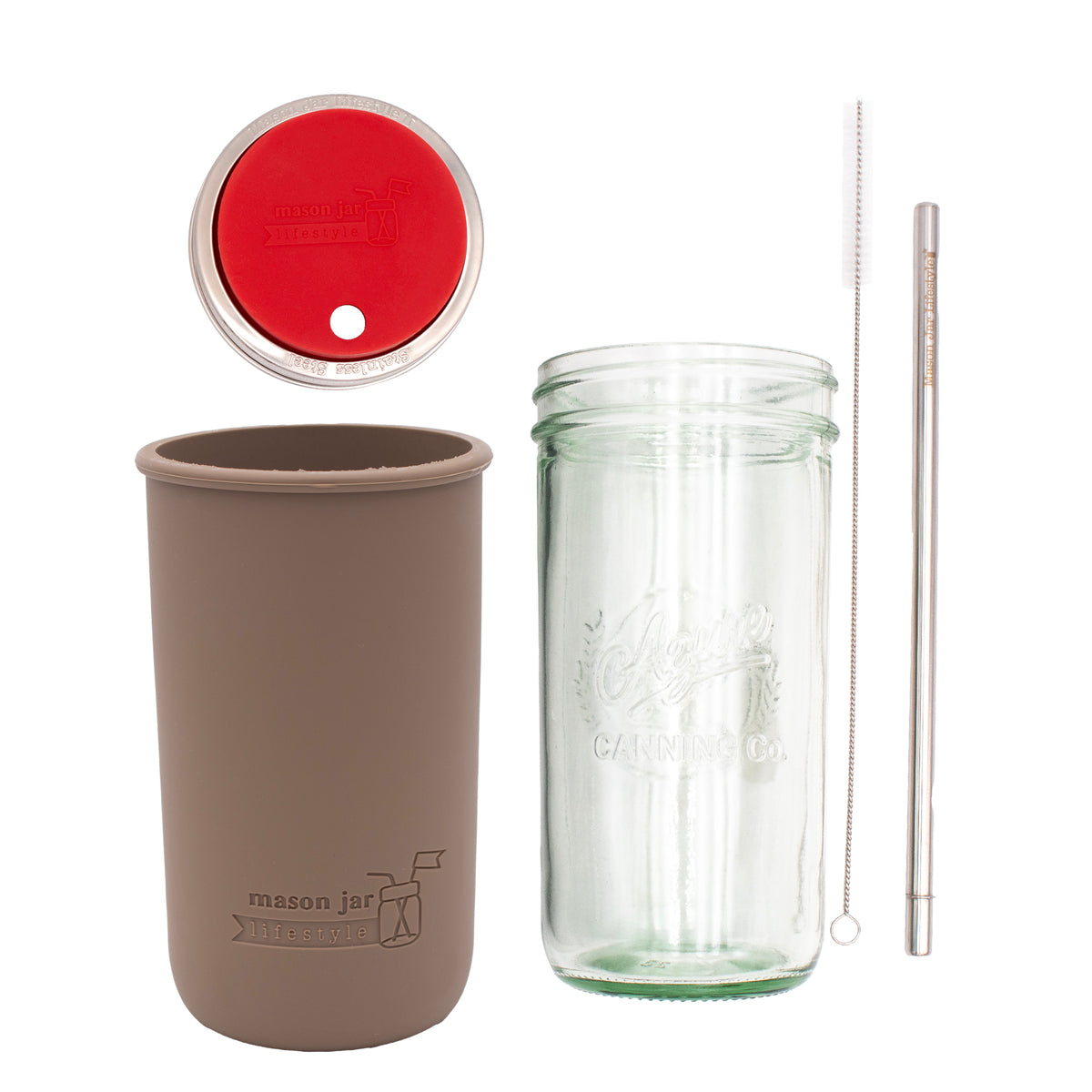 Pint and a half water bottle azure stainless steel straw cleaner pint and a half sleeve cocoa brown wide mouth straw hole lid cherry red product on white