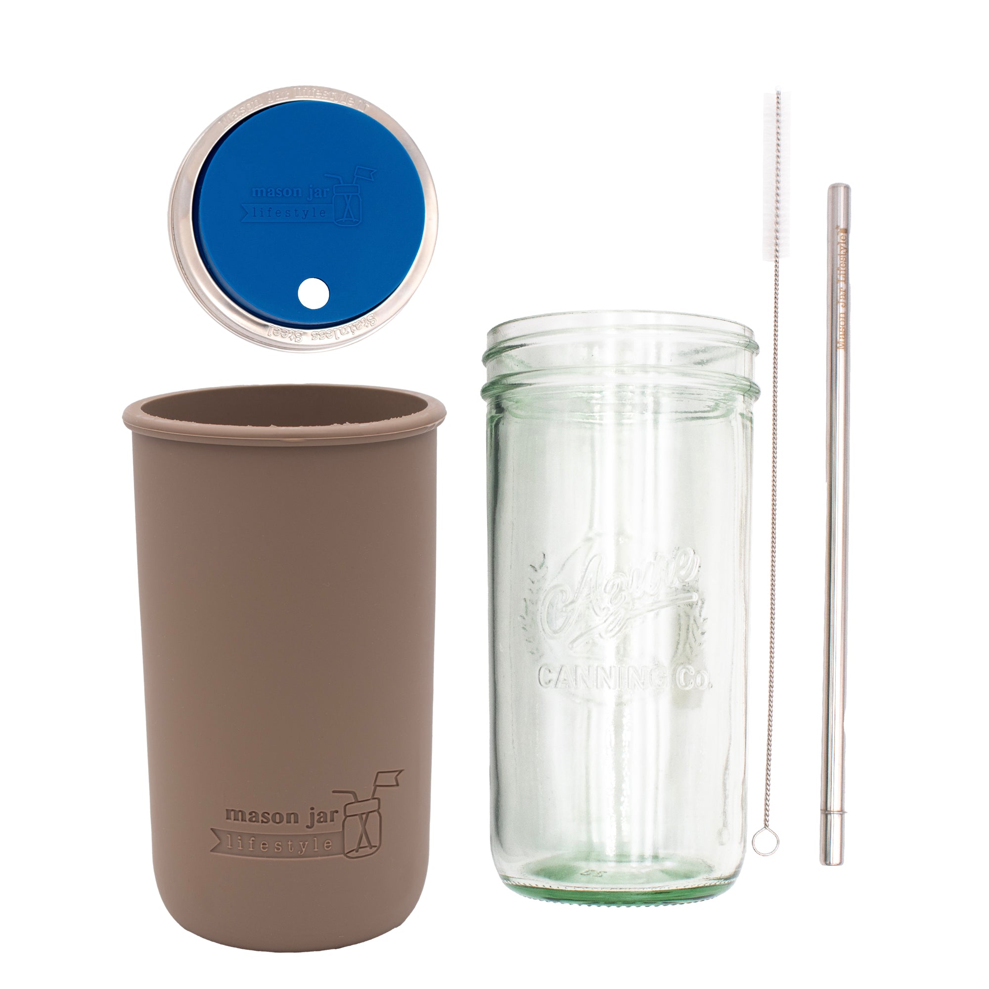 Pint and a half water bottle azure stainless steel straw cleaner pint and a half sleeve cocoa brown wide mouth straw hole lid deep blue product on white